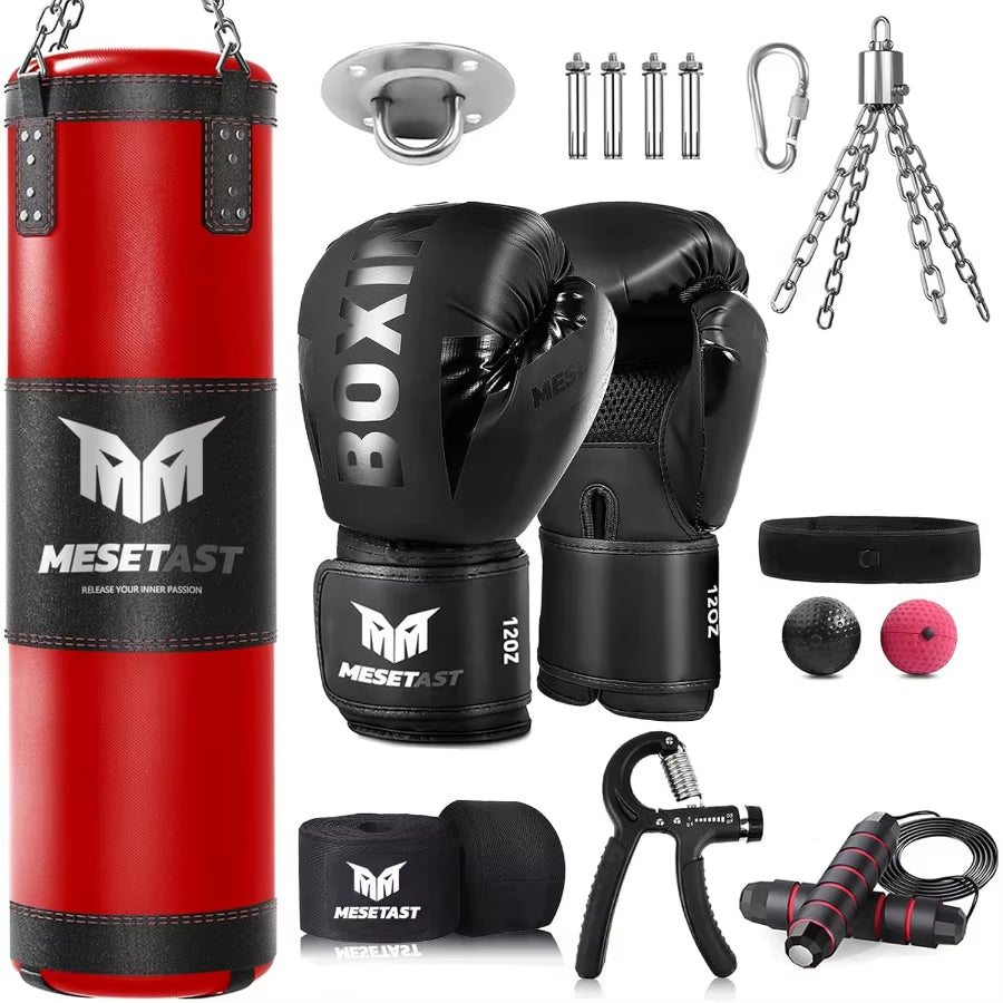 4Ft Heavy Punching Bag Set for Adults with 12 OZ Gloves Perfect for Home Gym Training in MMA Karate Kickboxing and Boxing Unfil