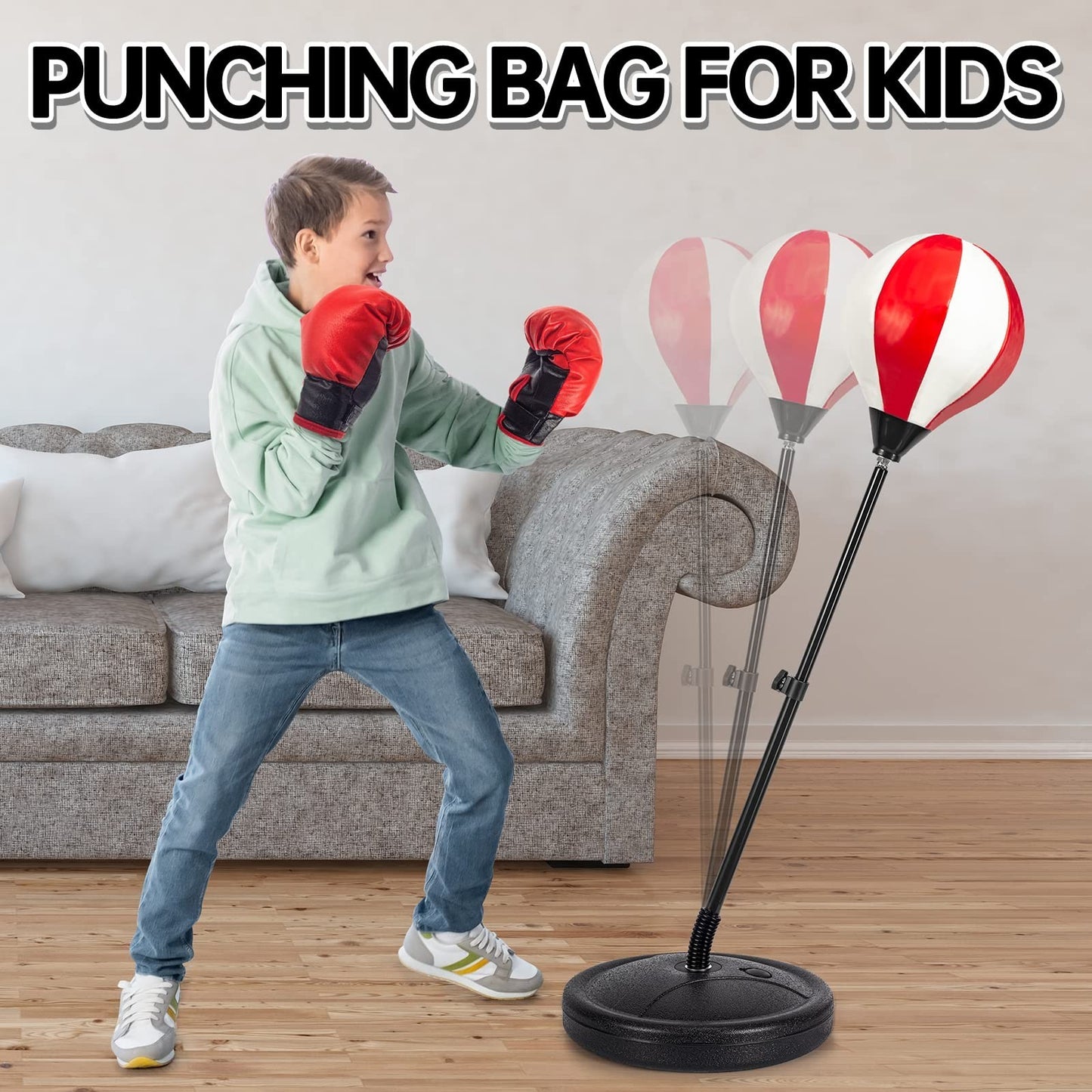 Kids Punching Bag Set with 2 Boxing Gloves, Adjustable Stand, Gifts for Boys ...